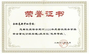 合肥高新中加學校榮獲“2020年度餐飲服務食品安全監(jiān)督量化分級A級單位”稱號圖片
